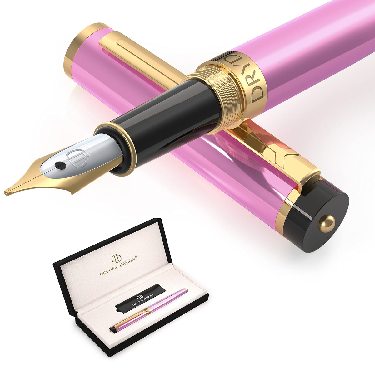 Dryden Designs Fountain Pen. Medium Nib Premium Box | 6 Ink Cartridges Included (Decadent Purple)