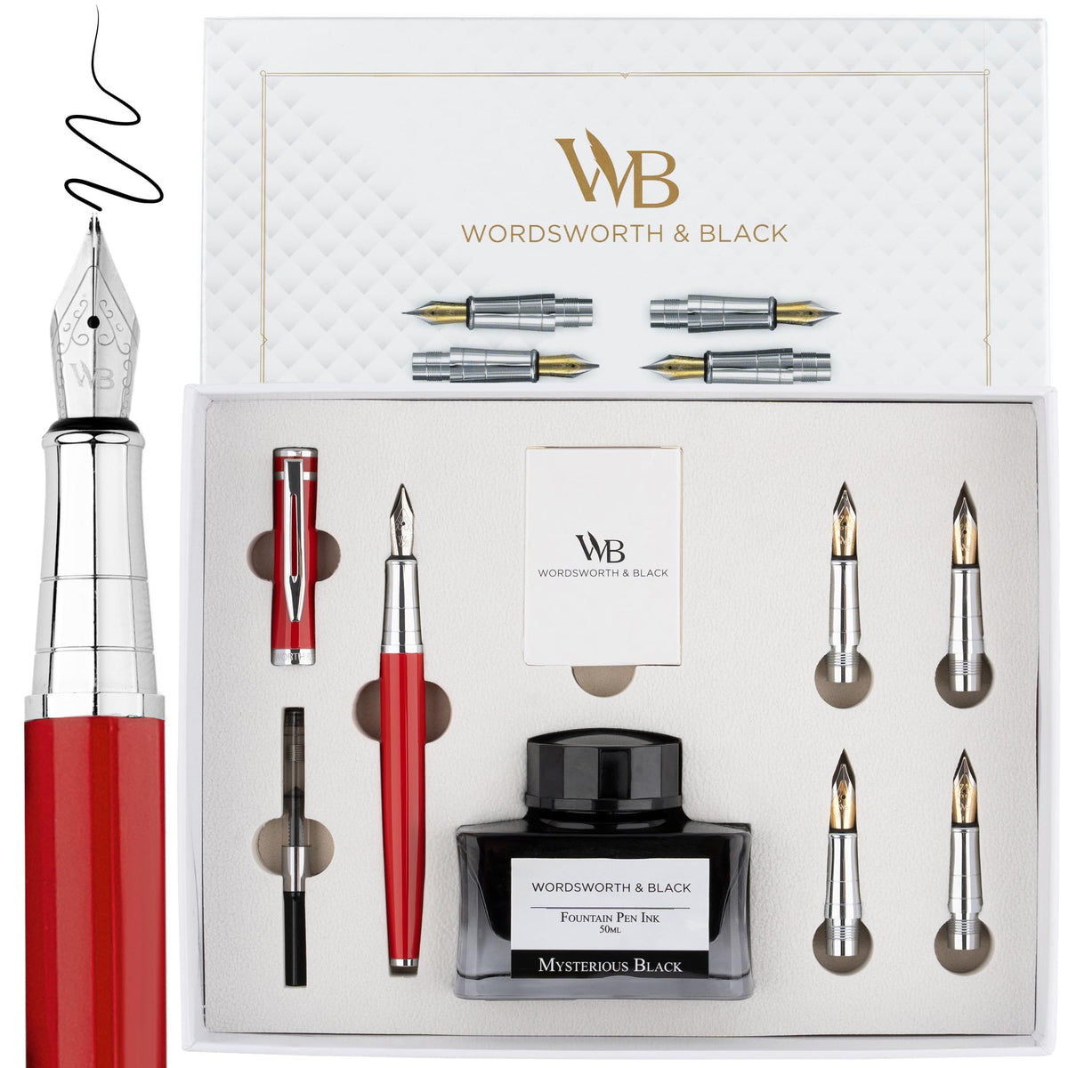Wordsworth & Black Luxury Fountain Pen Set for Writing, 6 Nibs,Black Chrome