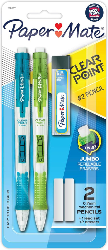 Paper Mate Clearpoint Mechanical Pencils, 0.7mm HB #2 Pencil Lead, Includes 2 Pencils, 1 Lead Refill, 2 Erasers - Back to School, Study Supplies, College, Note-Taking