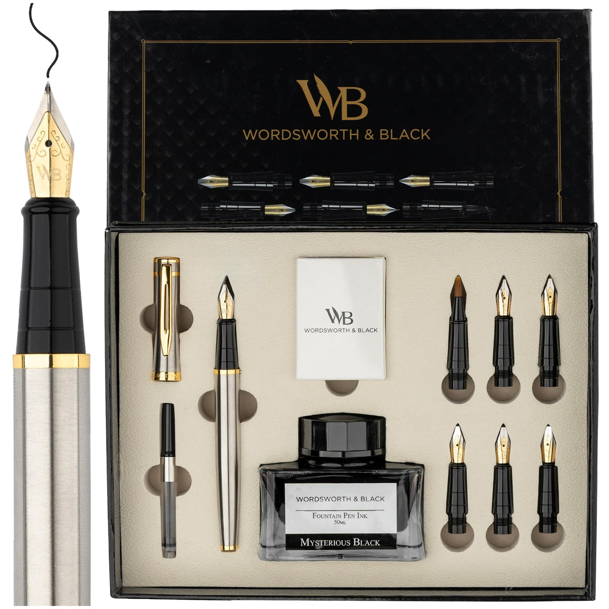 Wordsworth & Black Luxury Calligraphy Pen Set for Writing, 6 Nibs, Black