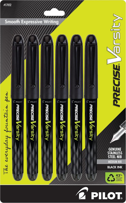 Pilot, Precise Varsity Pre-Filled Fountain Pens, Medium Point 1 mm Stainless Steel Nib, Black/Blue, 6-Pack