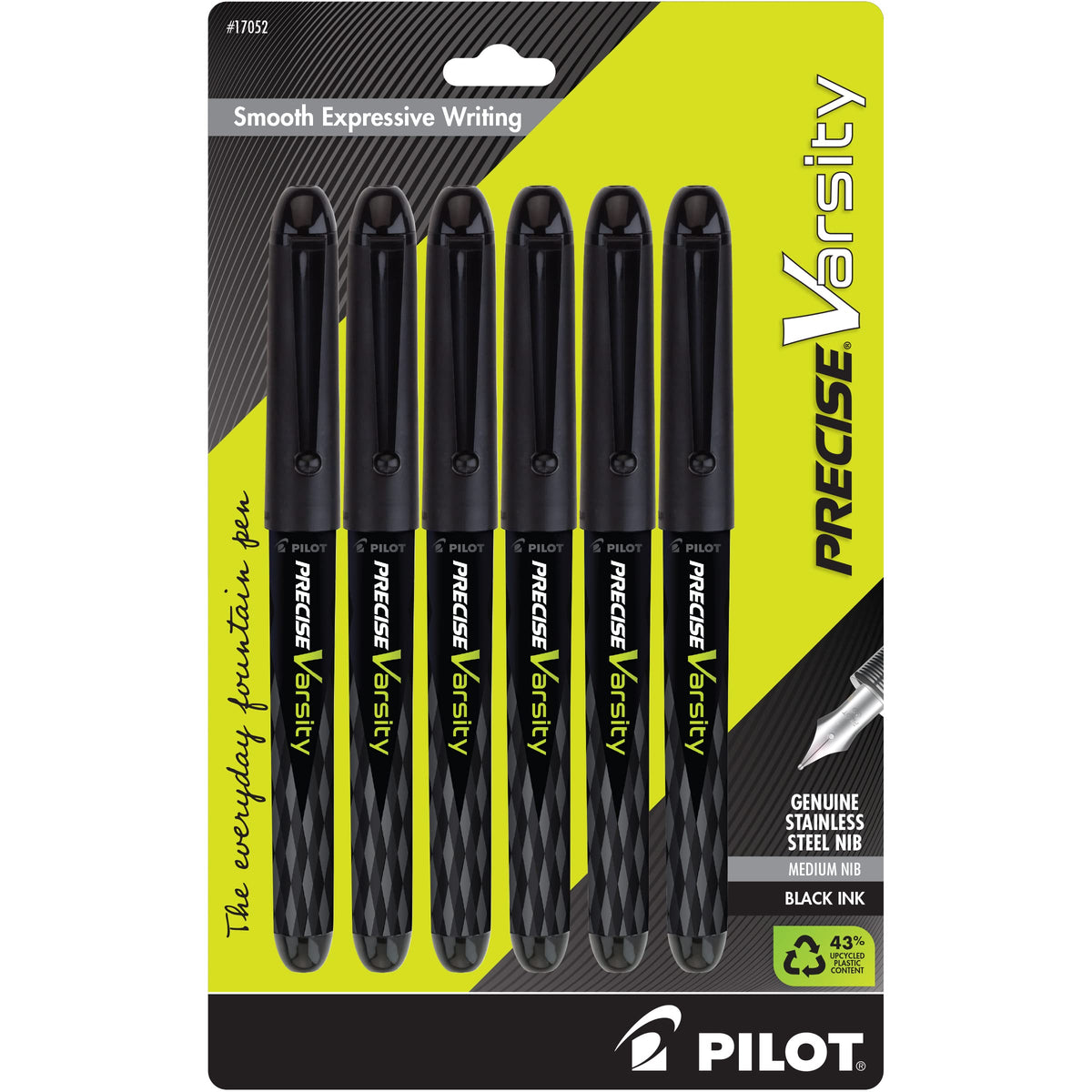 Pilot, Precise Varsity Pre-Filled Fountain Pens, Medium Point 1 mm Stainless Steel Nib, Black/Blue, 6-Pack