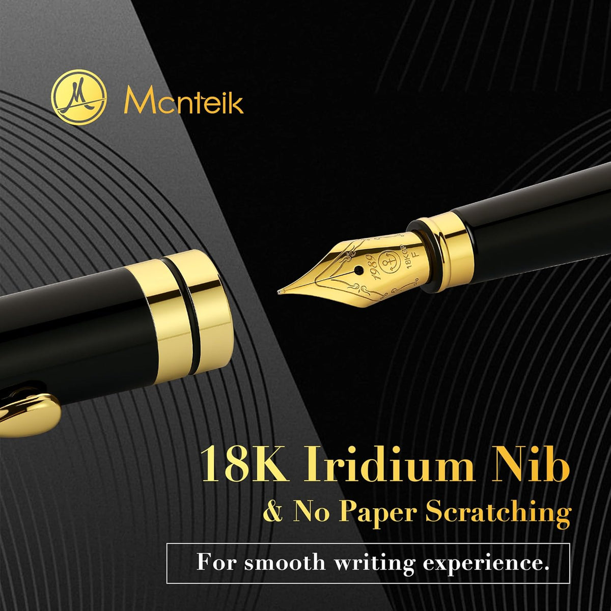 MCNTEIK Fountain Pen-Luxury Black and Gold Finish, 18K Gilded Nib(Fine), Smooth Ink Flow, Complete Set with 4*2.6mm Black Cartridges, Converter & Gift Box-Ideal for Professionals, Office, Journaling