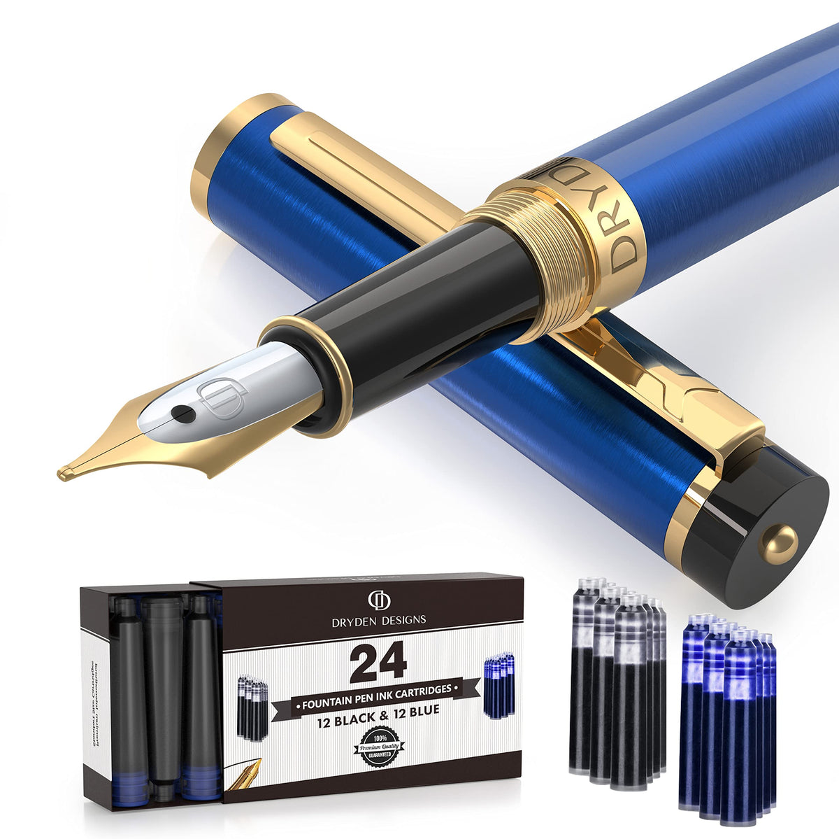 Dryden Designs Fountain Pen Medium Nib Gift Pouch - with 24 Ink Cartridges - MCM (Metallic Silver)