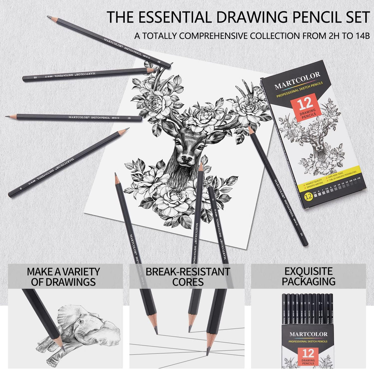 MARTCOLOR Drawing Sketching Pencils Set, 12 Pack Graphite Pencils(14B - 2H)