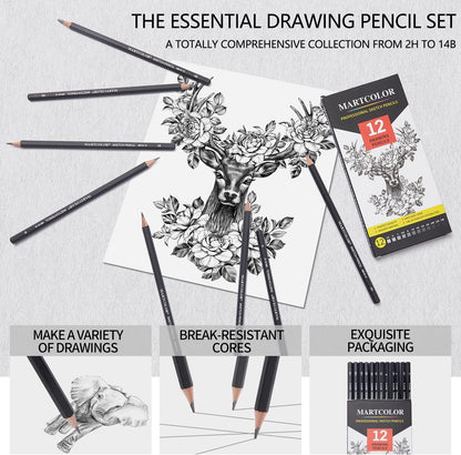 MARTCOLOR Drawing Sketching Pencils Set, 12 Pack Graphite Pencils(14B - 2H)