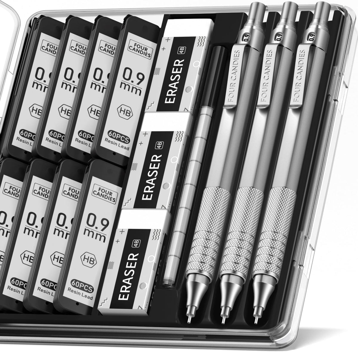 Four Candies Metal Mechanical Pencil Set with Case, 0.7mm, 3-Pack, Black