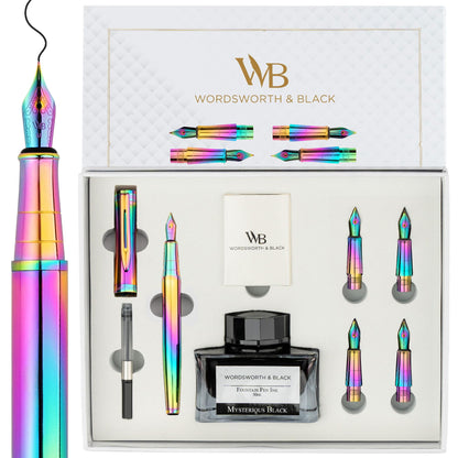 Wordsworth & Black Luxury Fountain Pen Set for Writing, 6 Nibs,Black Chrome