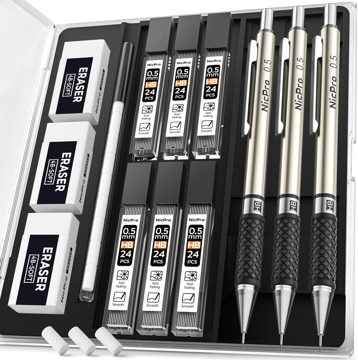 Nicpro 0.5 mm Art Mechanical Pencil Set in Storage Case, 3 PCS