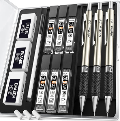 Nicpro 0.5 mm Art Mechanical Pencil Set in Storage Case, 3 PCS