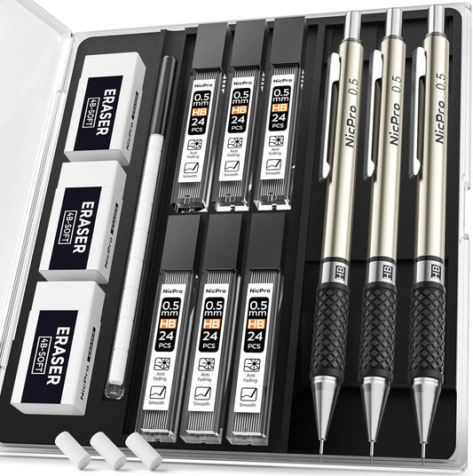 Nicpro 0.5 mm Art Mechanical Pencil Set in Storage Case, 3 PCS