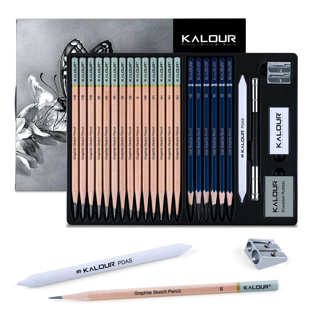 KALOUR 18-Piece Professional Sketch Pencil Set - Includes 5H to 14B Pencils, Vinyl Eraser, Kneaded Eraser,Sharpener and Paper Blending Stump - Ideal for Artists and Beginners