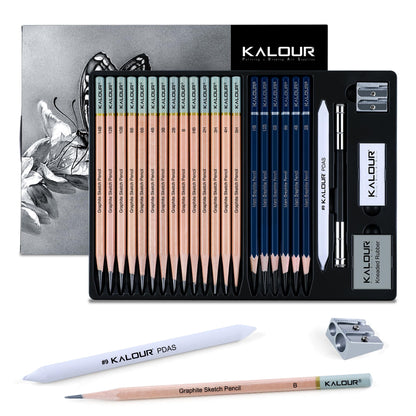 KALOUR 18-Piece Professional Sketch Pencil Set - Includes 5H to 14B Pencils, Vinyl Eraser, Kneaded Eraser,Sharpener and Paper Blending Stump - Ideal for Artists and Beginners