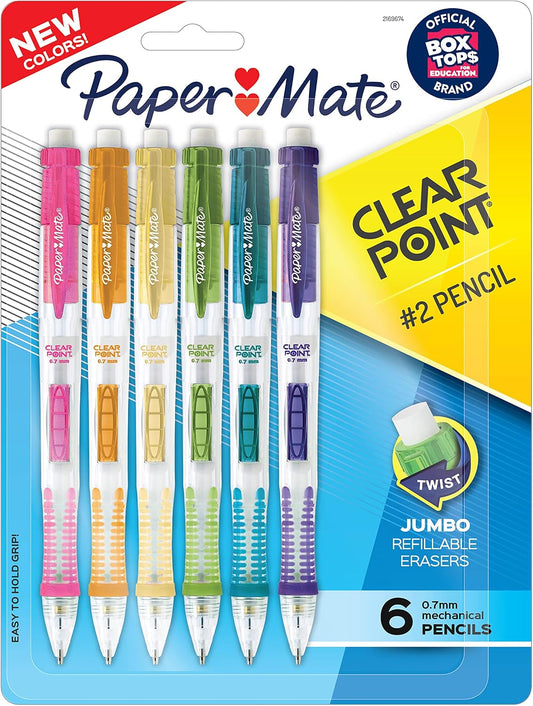 Paper Mate Clearpoint Mechanical Pencils, 0.7mm HB #2 Lead, Assorted Barrel Colors, 6 Count - Office Supplies, Back to School, Journaling