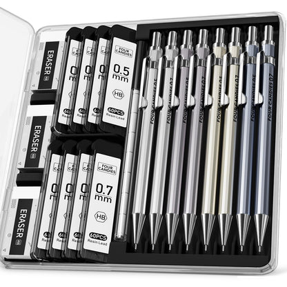 Mechanical Pencil Set, 0.7mm 4-Pack with Case, Metal Body, Medium Point