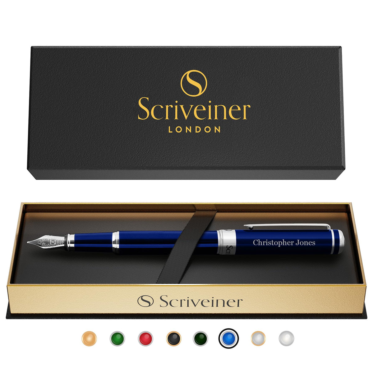 Scriveiner Midnight Blue Fountain Pen - Stunning Luxury Pen with Chrome Appointments, Schmidt Nib (Fine), Best Pen Gift Set for Men & Women, Professional, Executive, Office, Nice Pens