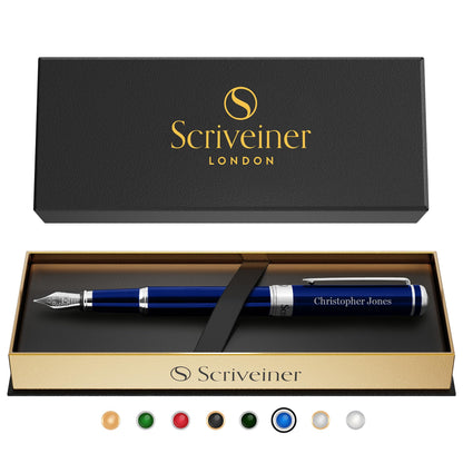 Scriveiner Midnight Blue Fountain Pen - Stunning Luxury Pen with Chrome Appointments, Schmidt Nib (Fine), Best Pen Gift Set for Men & Women, Professional, Executive, Office, Nice Pens