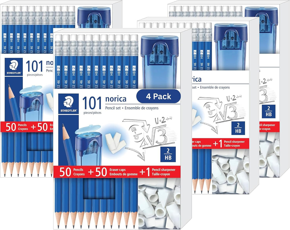STAEDTLER Norica Pencil Set: 50 Pre-sharpened #2 HB Pencils with 50 Eraser Caps & Double-Hole Sharpener, Break-Resistant Lead, School Pack