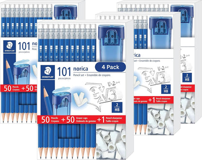 STAEDTLER Norica Pencil Set: 50 Pre-sharpened #2 HB Pencils with 50 Eraser Caps & Double-Hole Sharpener, Break-Resistant Lead, School Pack