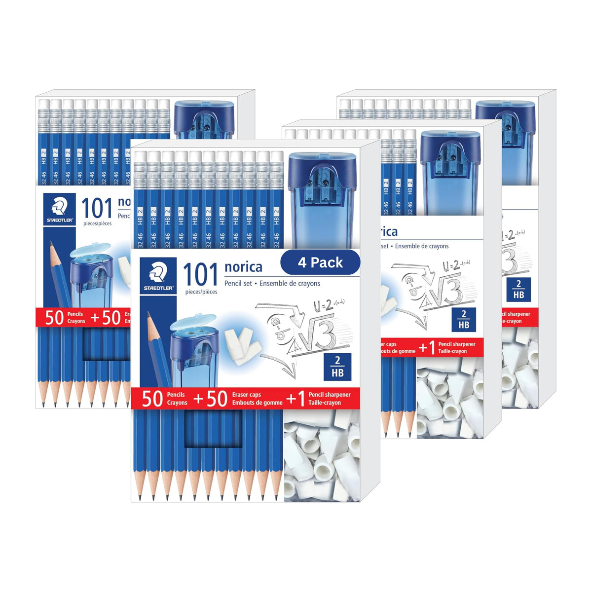 STAEDTLER Norica Pencil Set: 50 Pre-sharpened #2 HB Pencils with 50 Eraser Caps & Double-Hole Sharpener, Break-Resistant Lead, School Pack