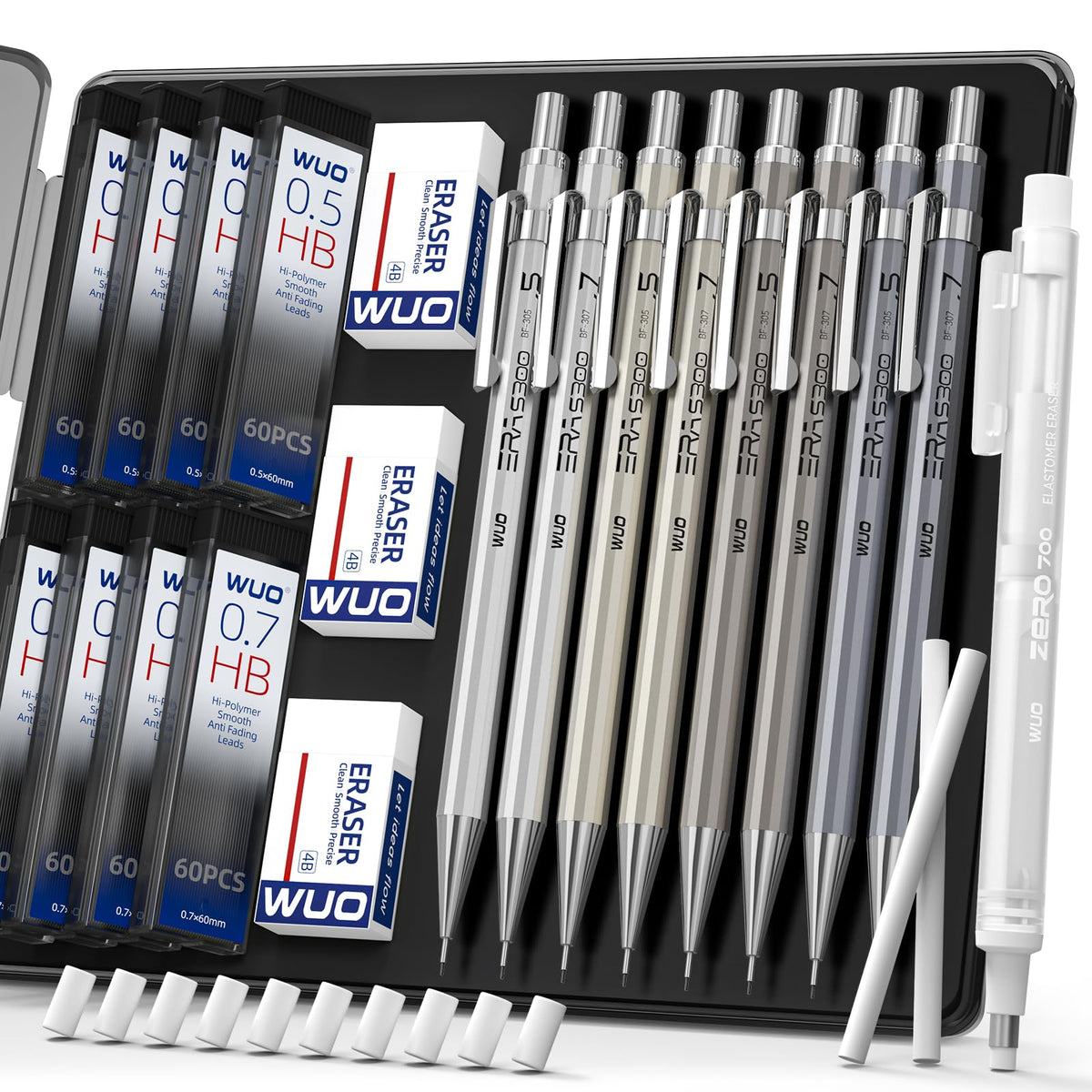WUO 0.7mm Metal Mechanical Pencil Set, 4-Pack with Eraser Pen and Case