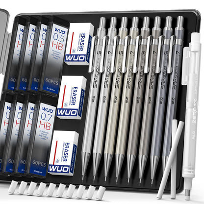 WUO 0.7mm Metal Mechanical Pencil Set, 4-Pack with Eraser Pen and Case