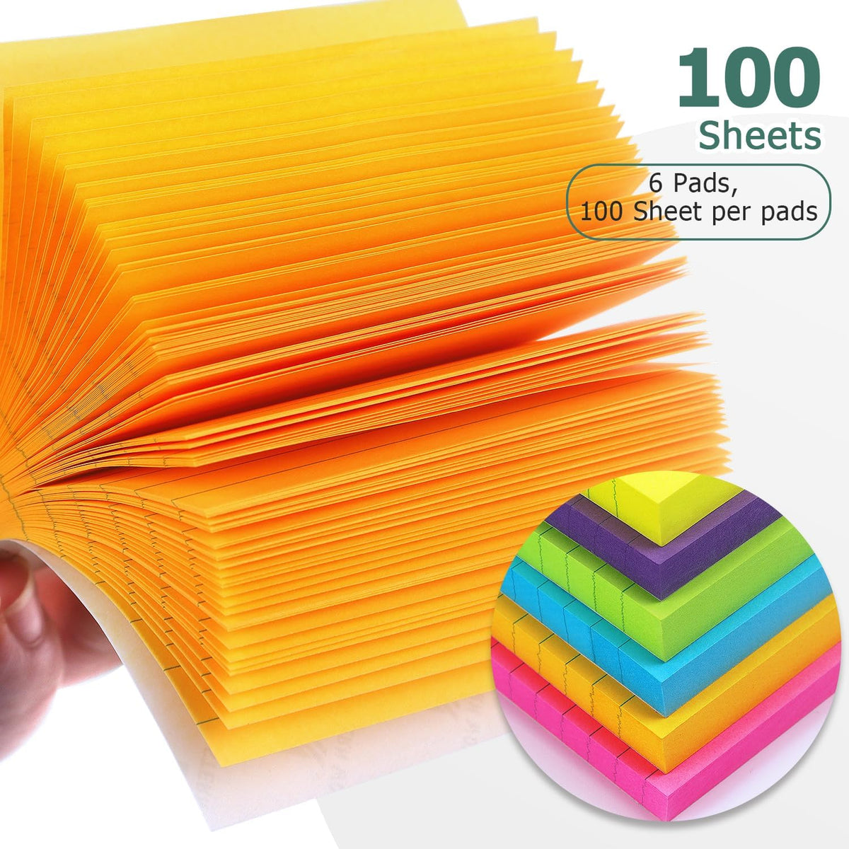 Lined Sticky Notes 3x3 in, 6 Bright Multi Colors,100 Sheet/Pad