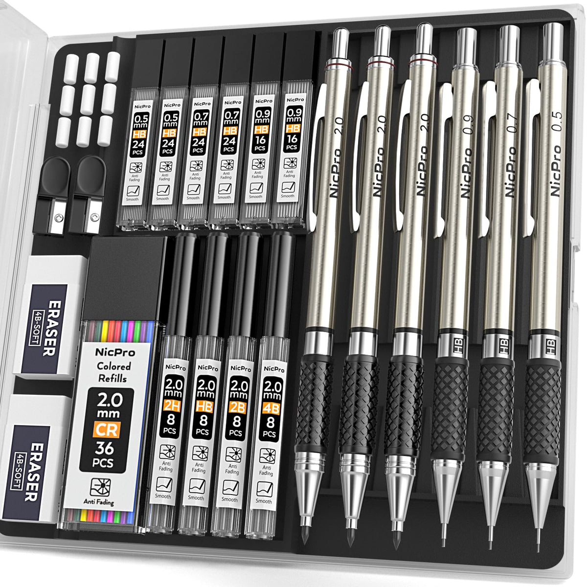 Nicpro 0.7 mm Art Mechanical Pencil Set in Storage Case, 3 PCS