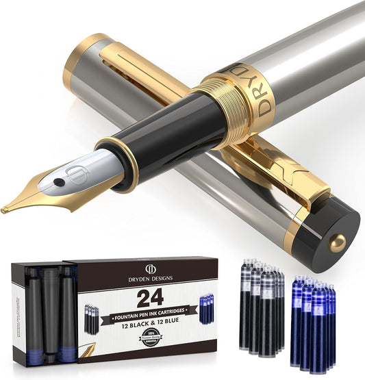 Dryden Designs Fountain Pen Medium Nib Gift Pouch - with 24 Ink Cartridges - MCM (Metallic Silver)