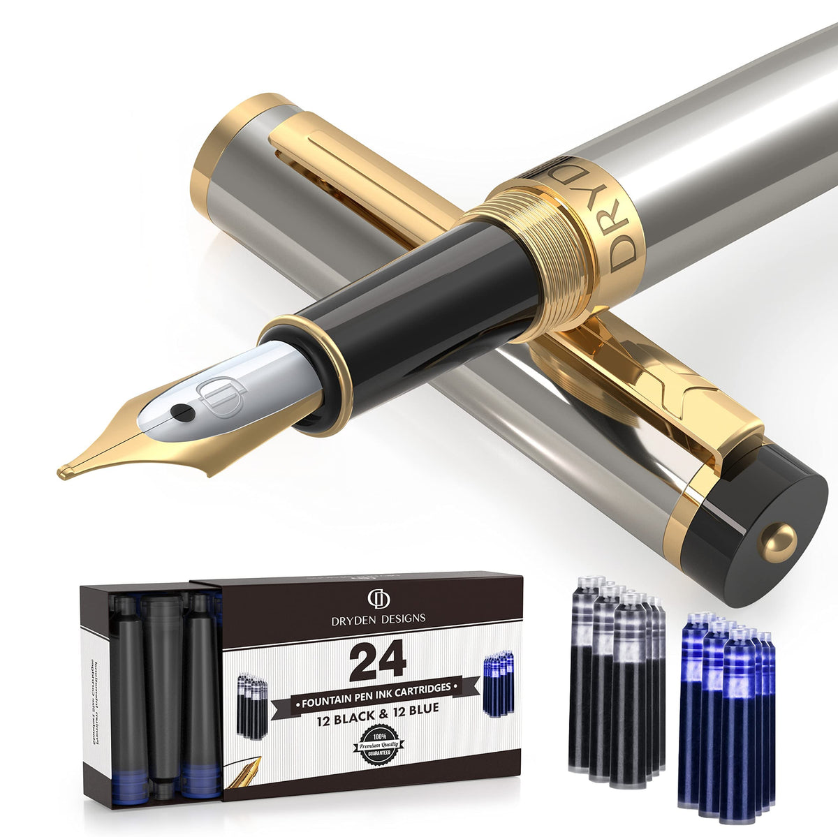 Dryden Designs Fountain Pen Medium Nib Gift Pouch - with 24 Ink Cartridges - MCM (Metallic Silver)