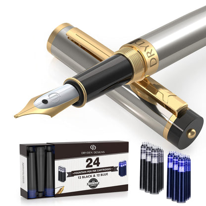 Dryden Designs Fountain Pen Medium Nib Gift Pouch - with 24 Ink Cartridges - MCM (Metallic Silver)
