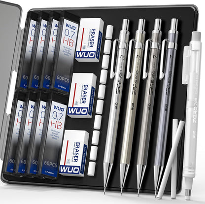 WUO 0.7mm Metal Mechanical Pencil Set, 4-Pack with Eraser Pen and Case