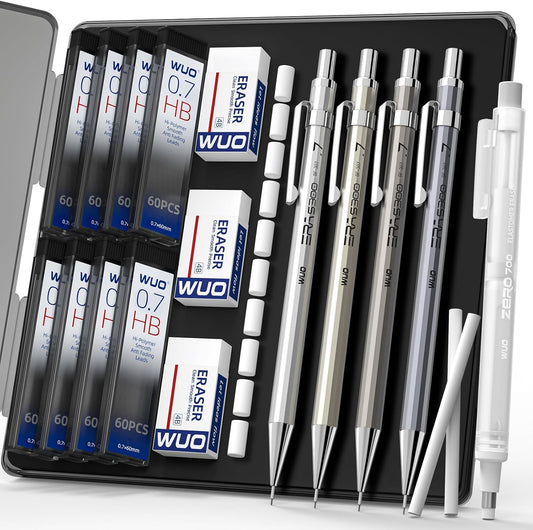 WUO 0.7mm Metal Mechanical Pencil Set, 4-Pack with Eraser Pen and Case