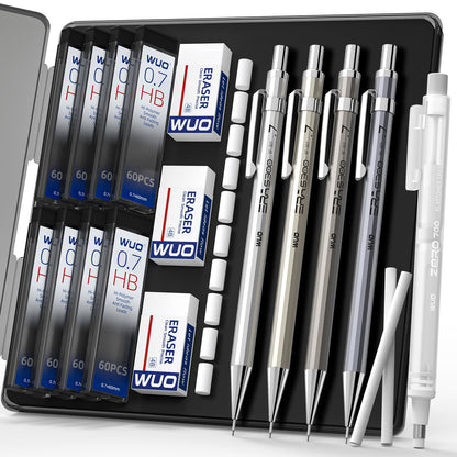 WUO 0.7mm Metal Mechanical Pencil Set, 4-Pack with Eraser Pen and Case
