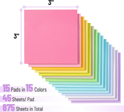 Mr. Pen- Sticky Notes, 3"x3", 15 Pads, 675 Sheets, Pastel Colors