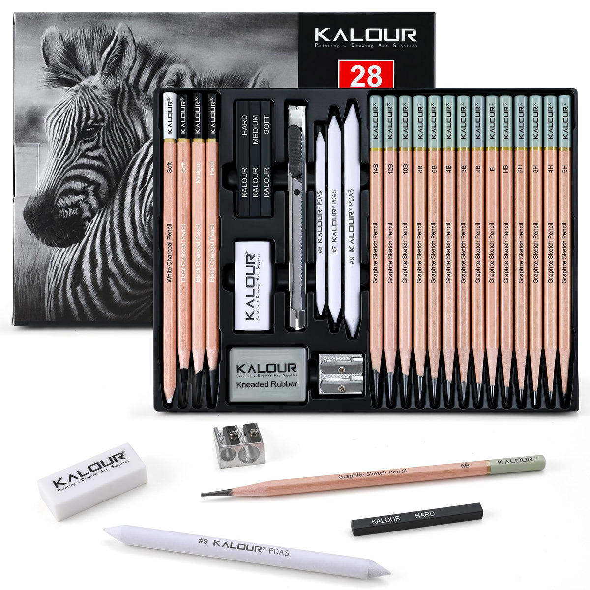 KALOUR 18-Piece Professional Sketch Pencil Set - Includes 5H to 14B Pencils, Vinyl Eraser, Kneaded Eraser,Sharpener and Paper Blending Stump - Ideal for Artists and Beginners