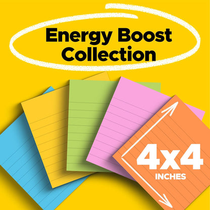Post-it Super Sticky Notes, 4 x 4 in, Neon Fizz, 6 Lined Pads