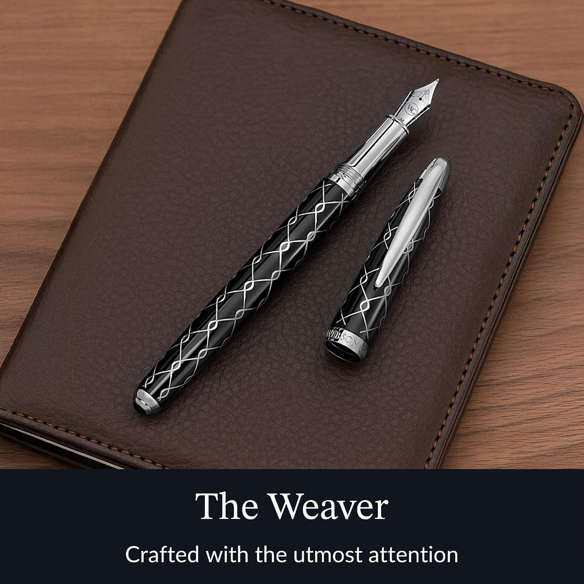 ‘The Weaver’ Black Luxury Executive Fountain Pen, Polished Lacquer and Chrome, Stainless Steel Nib, Easy Refill Ink Piston Converter, Smudge Free, No Bleed, Fits Our Instant Insert Ink Cartridges