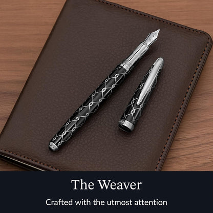 ‘The Weaver’ Black Luxury Executive Fountain Pen, Polished Lacquer and Chrome, Stainless Steel Nib, Easy Refill Ink Piston Converter, Smudge Free, No Bleed, Fits Our Instant Insert Ink Cartridges