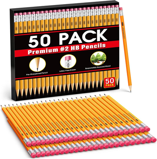 50-Pack Wood-Cased Yellow #2 Pencils Bulk, Pre-Sharpened with Eraser Tops