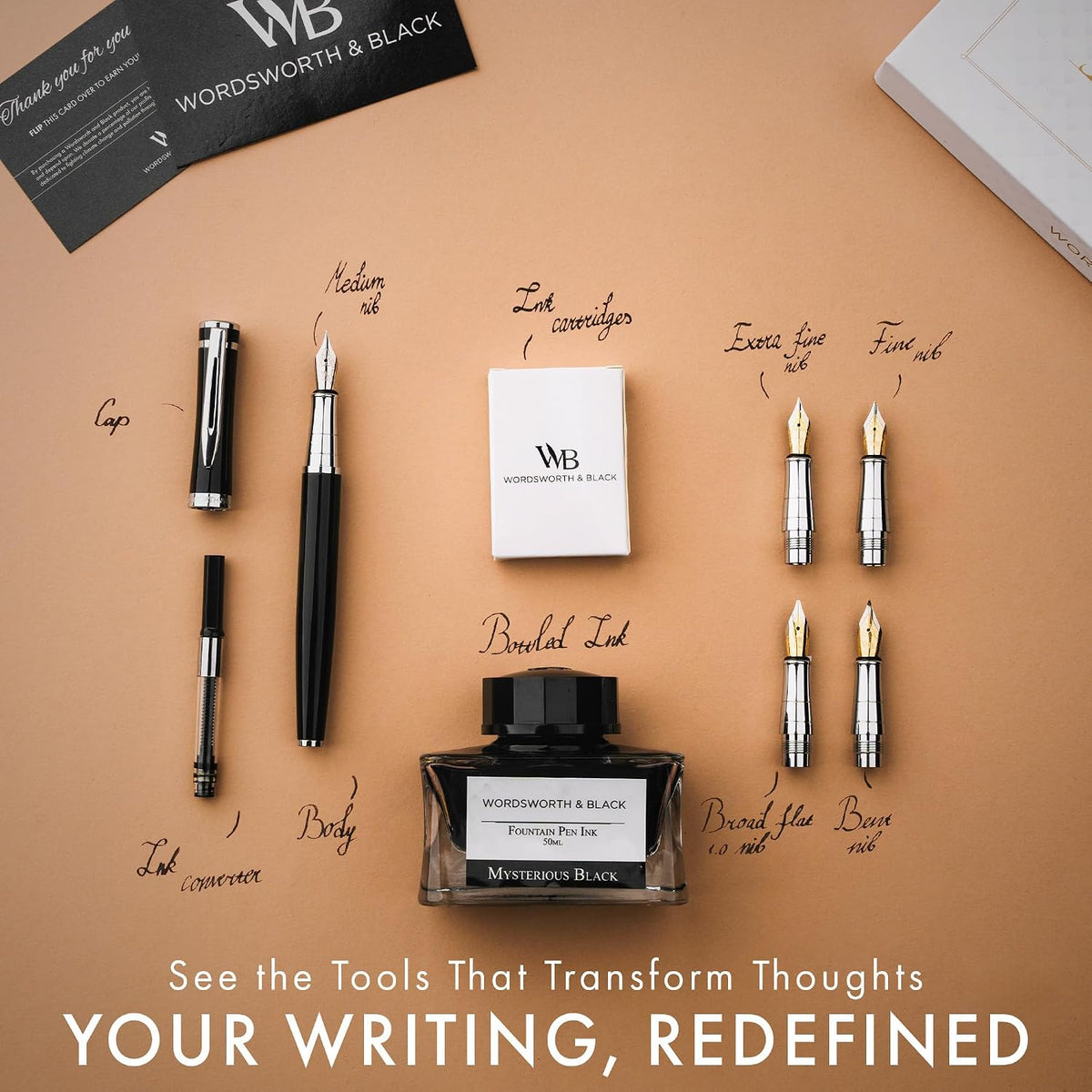 Wordsworth & Black Luxury Fountain Pen Set for Writing, 6 Nibs,Black Chrome