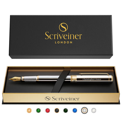 Scriveiner Midnight Blue Fountain Pen - Stunning Luxury Pen with Chrome Appointments, Schmidt Nib (Fine), Best Pen Gift Set for Men & Women, Professional, Executive, Office, Nice Pens
