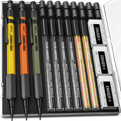 Four Candies 1.3mm Metal Mechanical Pencil Set with 72 Lead Refills, 3-Pack
