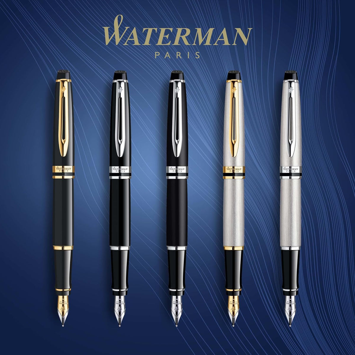 Waterman Expert Fountain Pen, Stainless Steel With 23k Gold Trim, Medium Nib With Blue Ink Cartridge, Gift Box