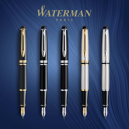 Waterman Expert Fountain Pen, Stainless Steel With 23k Gold Trim, Medium Nib With Blue Ink Cartridge, Gift Box