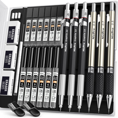 Nicpro 6PCS Art Mechanical Pencil Set, 0.5/0.7/0.9/2mm Point