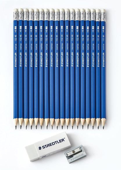 STAEDTLER Norica #2 HB Wood-Cased Pencil Set: 18 Pre-Sharpened Graphite Pencils with 1 Eraser & 1 Sharpener, Break-Resistant Lead, For Writing & Drawing, Blue, Ideal for Classroom, Home & Office
