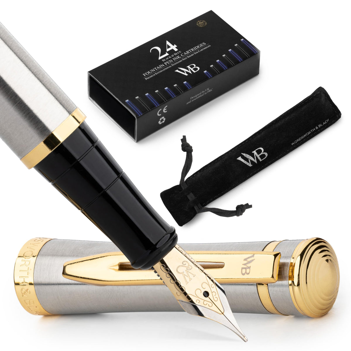 Wordsworth & Black Fountain Pen Set for Writing, Extra Fine Nib,Silver