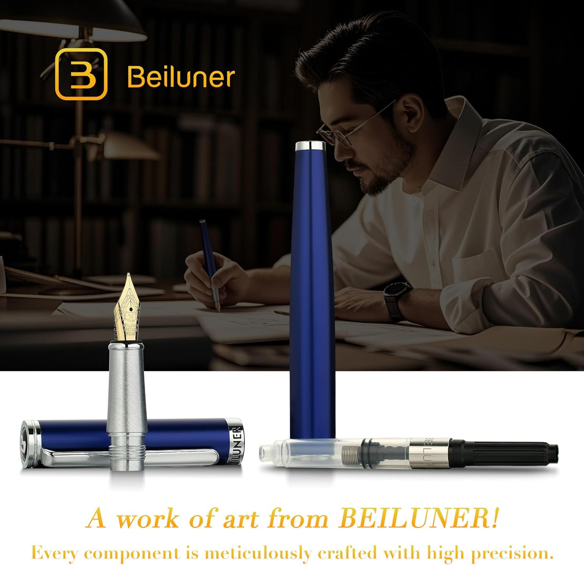 BEILUNER Luxury Fountain Pen Set,Solid 24K Gilded(Medium)-Charming Blue