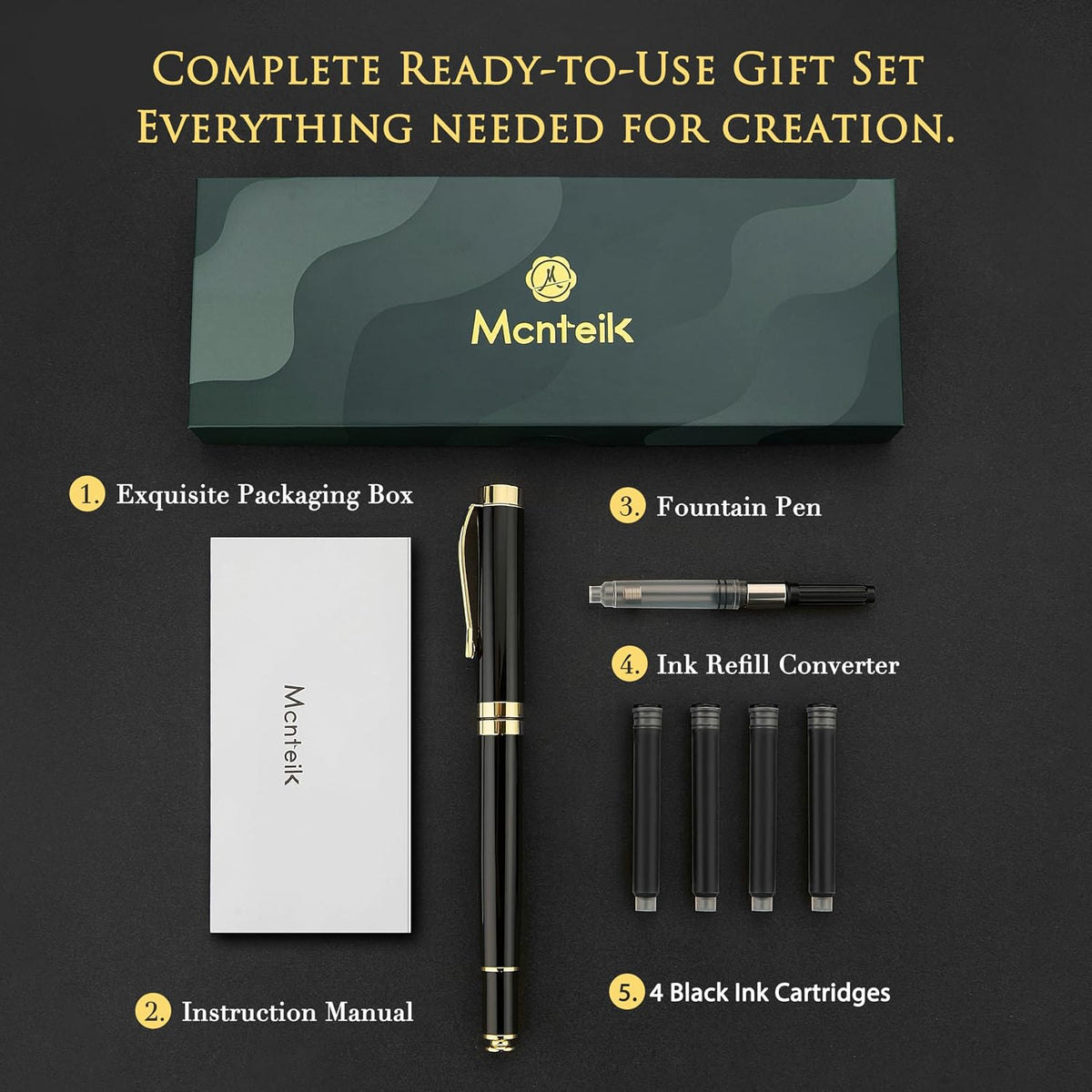 MCNTEIK Fountain Pen-Luxury Black and Gold Finish, 18K Gilded Nib(Fine), Smooth Ink Flow, Complete Set with 4*2.6mm Black Cartridges, Converter & Gift Box-Ideal for Professionals, Office, Journaling